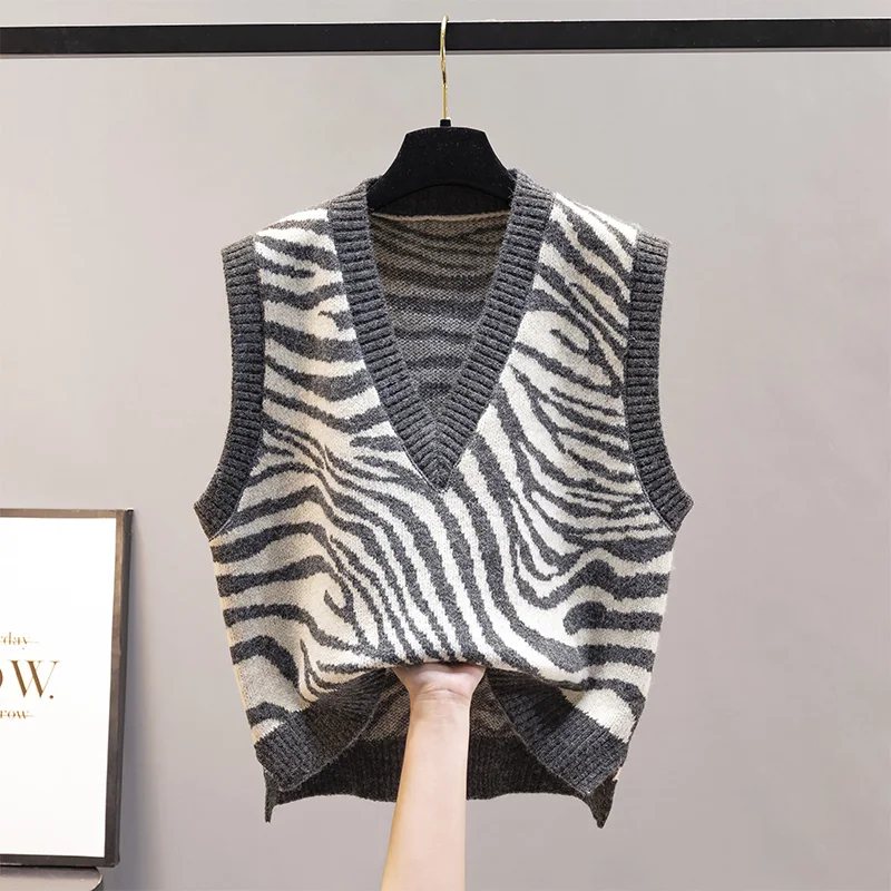 

Waistcoat vest jacket autumn knit women's sweater winter zebra pattern outer wear loose Korean style