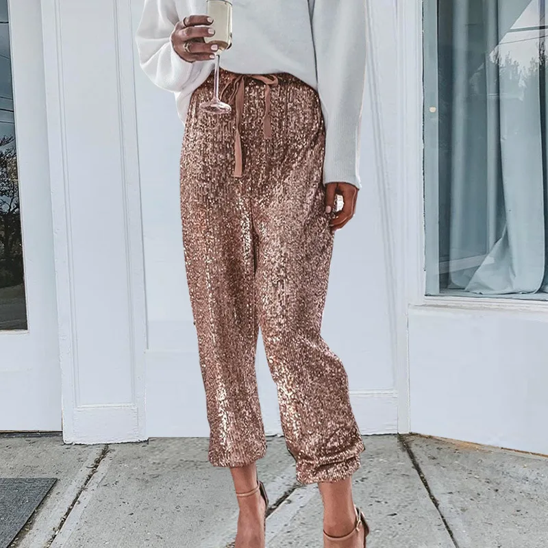 Gold Sequin Shiny Wide Beam Leg Pants Women Casual Christmas Party Harem Pants High Waist Lace Up Trousers Streetwear