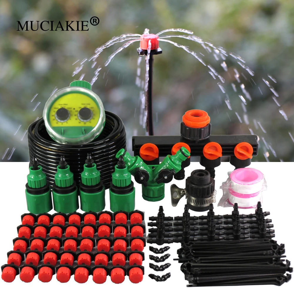 

MUCIAKIE 50M DIY Micro Drip Irrigation System Garden Two Dial Automatic Watering Timer Controller Kits With Adjustable Dripper