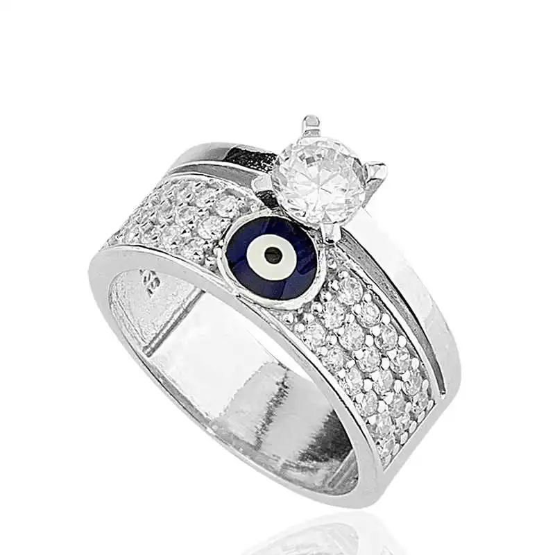 Silver Half Round Evil Eye Single Stone Ring