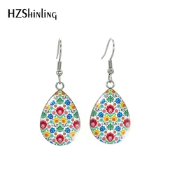 Classic Polish folk Glass Cabochon Vintage Flower Fish Hook Earrings Tear Drop Earrings Summer Jewelry Accessories