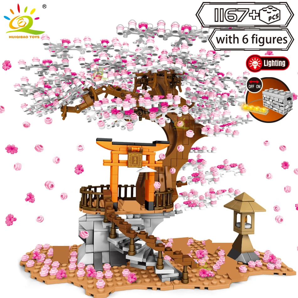 Huiqibao 1167Pcs Cherry Shrine Torii Stad Architectuur Street View Bouwstenen Sakura Boom Verlichting Bricks Cijfers Speelgoed Kid