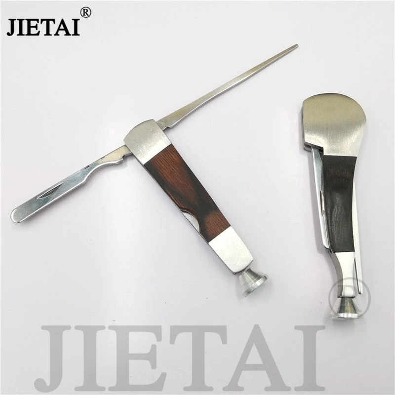 Wooden Smoke Knife Scraper Bar Pressure Rod Needle Repair Tobacco Pipes Accessories Three In One Folding Tamper Cleaning Tool