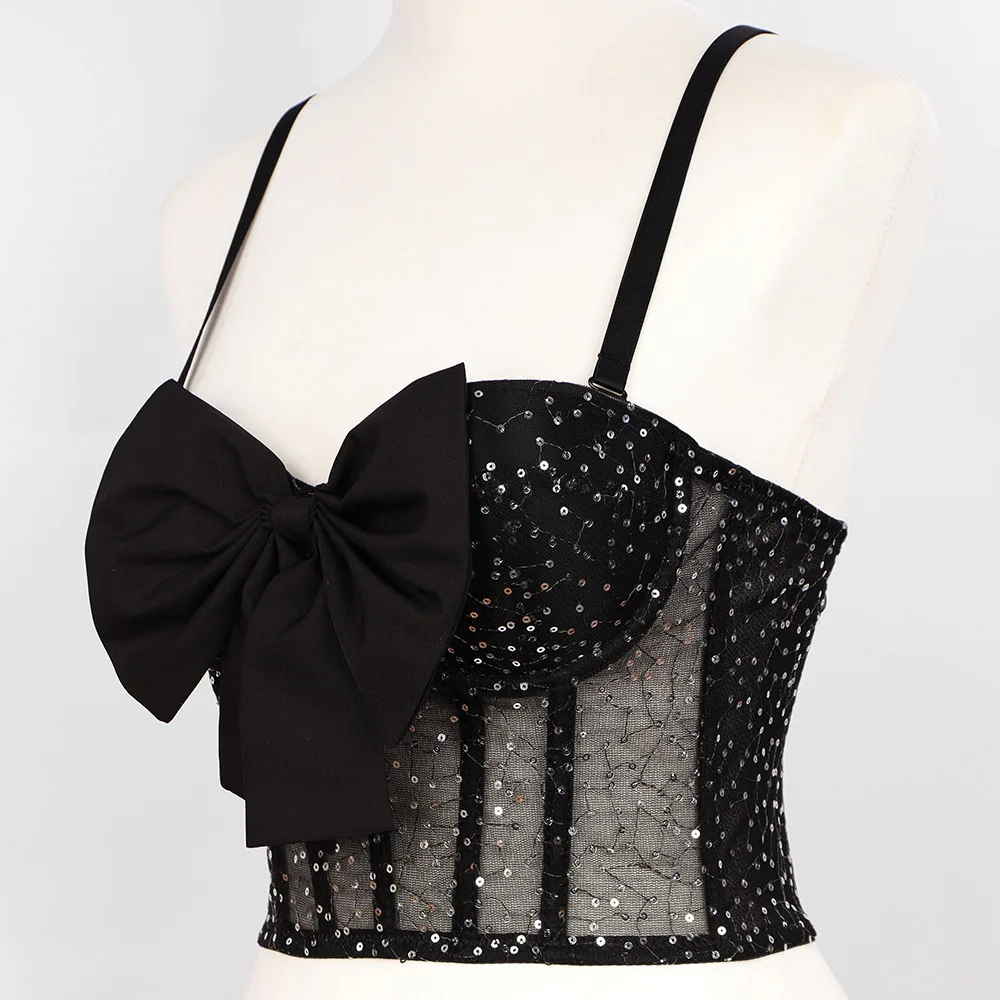 Cupnaya Bling Sequined Bow Women Crop Top Sexy Push Up Bustier Short Corset Bralet Inside Padded Camisole Tube Vest Black White