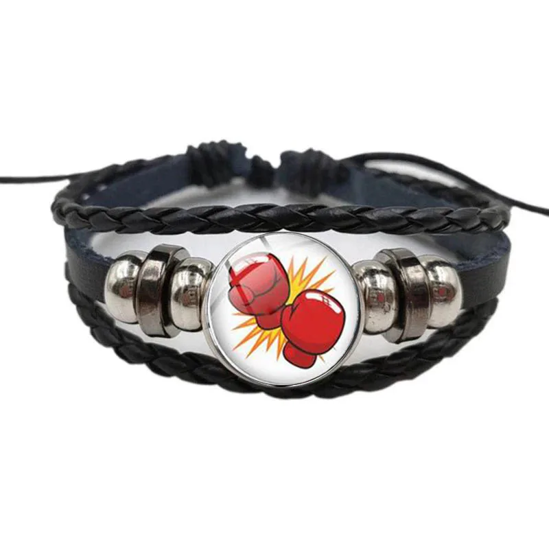 Black Classic Fun Cartoon Gym Sports Boxing Glass Buckle Bracelet Adjustable Men'S And Women'S Multi-Layer Pu Leather Bracelet F