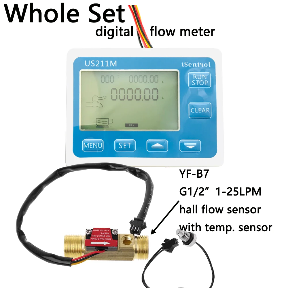 US211M Water Flow Meter and YF-B7 Hall Water Flow Sensor Brass 1-25L/min DC 24V Turbine Flowmeter with NTC50K Temperature