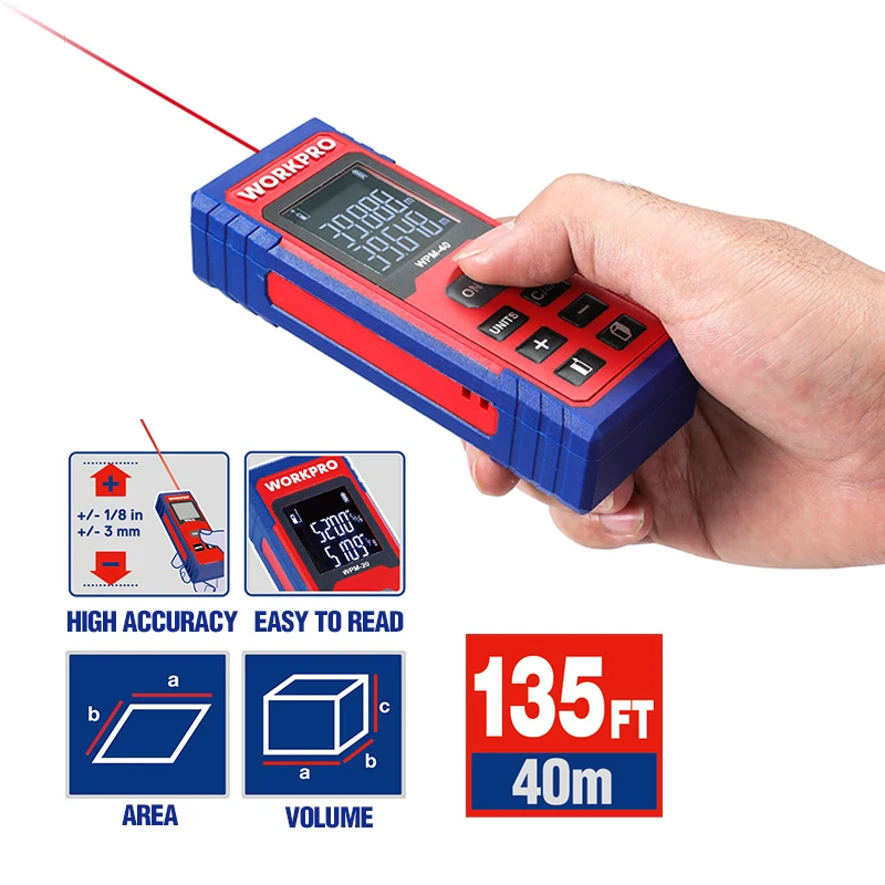 WORKPRO 65FT/20M &135FT/40M Laser Distance Meter Laser Rangefinder Digital  laser range finder tape distance measurer