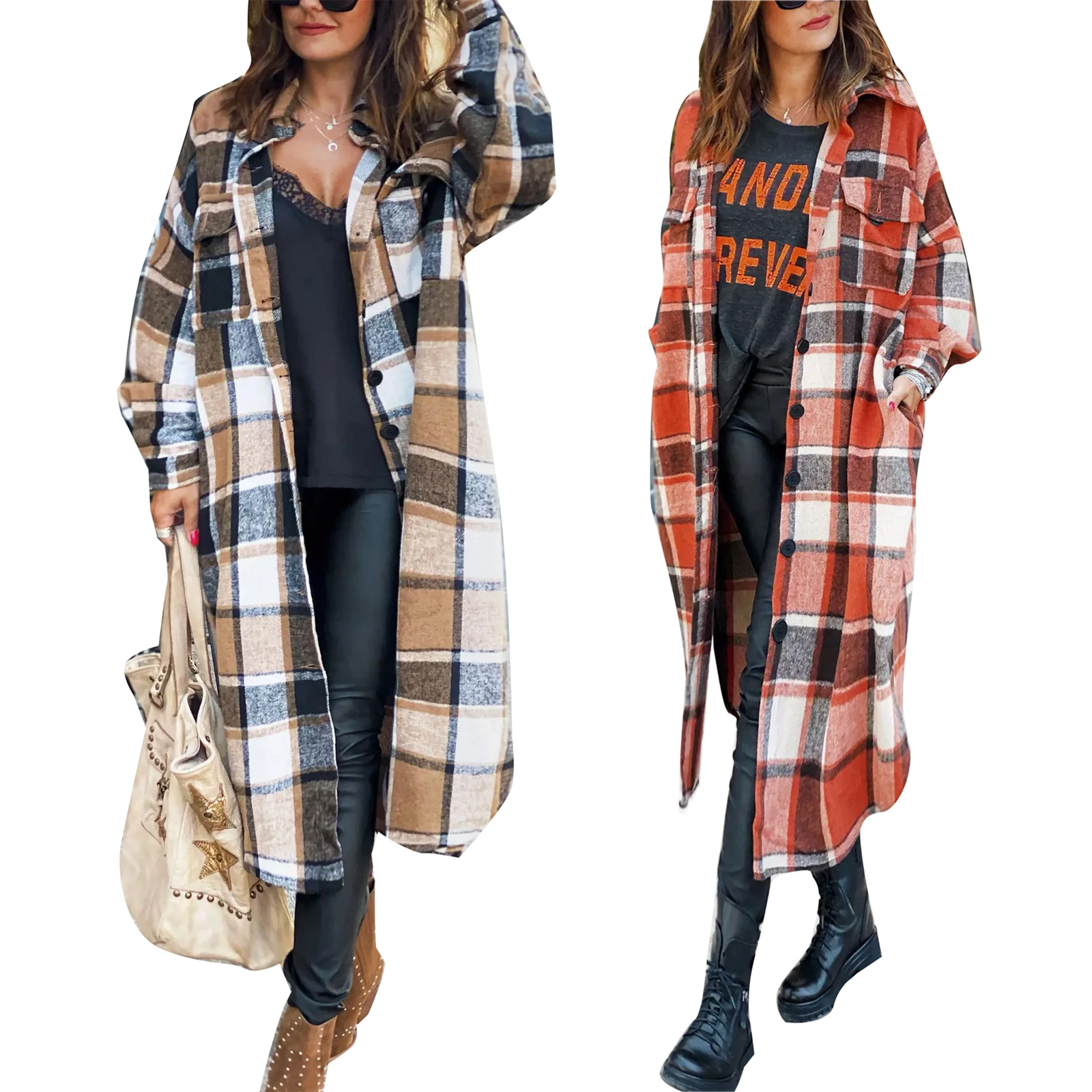 

Nice New Style Female Overcoat Autumn Long Shirts Jackets Plaid Turn-Down Collar Long Sleeve Woolen Coat for Women