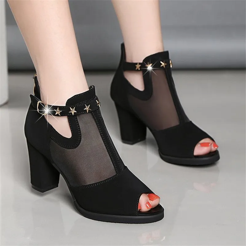 Breathable Mesh High heels sandals women New Summer shoes women Fashion Metal Decoration Square heel sandals Zipper female shoes