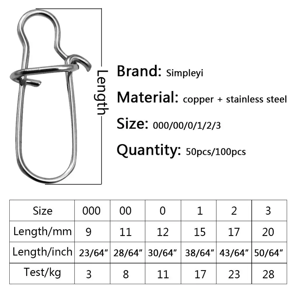 50/100 unids/caja, conectores rápidos de pesca, broches de seguridad de acero inoxidable, Clips rápidos, bloqueo, aparejos de pesca, anilla para