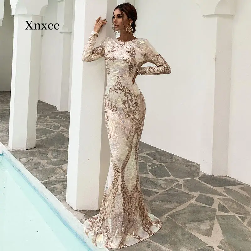 

O-Neck Long-Sleeve Shinning Sequins Dresses Sexy Backless Mermaid Party Gowns Maxi Elegant Multi Female Robes Vestidos