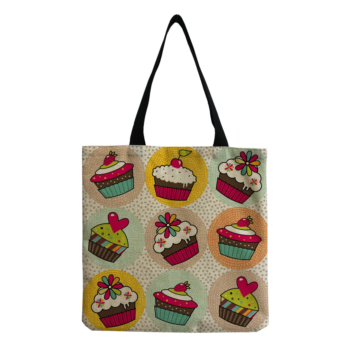 

Cup Cake Printed Casual Tote Shopping Bag For Female Girl Linen Fabric Reusable Beach Shoulder Bag Casual Outdoor Tote Handbag