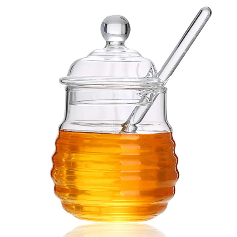 250ML Honey Jar Glass Honey Pot Syrup Bottle Beehive Honey Storage Jar Serving Spoon Stick Kitchen Honey Jar With Dipper And Lid