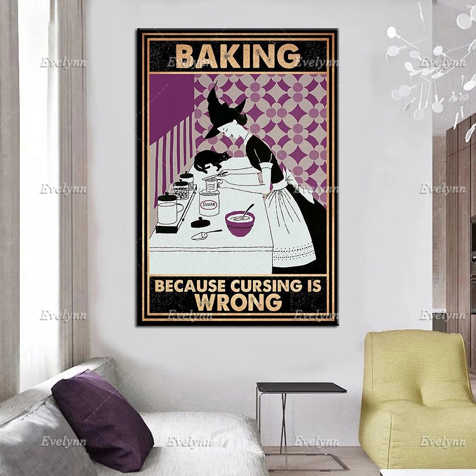 Baking Because Cursing Is Wrong Poster, Love Cooking Art Print, Kitchen Decor, Witch Poster, Black Cat Canvas, Bakery Wall Art