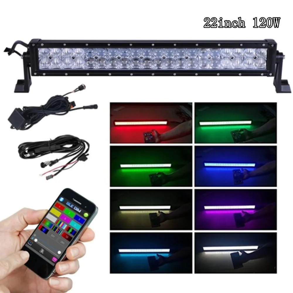 Straight / Curved Offroad 120W 20 22Inch Led Light Bar Multicolor RGB Bluetooth App ATV SUV Truck 4x4 4WD Car Driving Work Lamp