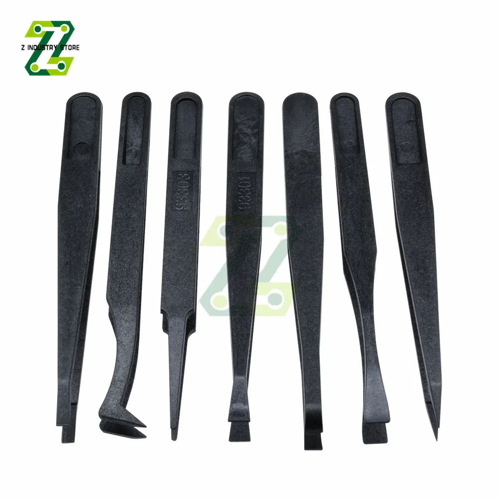 7PCS Carbon Fiber Electronic Tweezers Kit Anti-static Curved Straight Tip Forceps Precision Soldering Tweezers Set