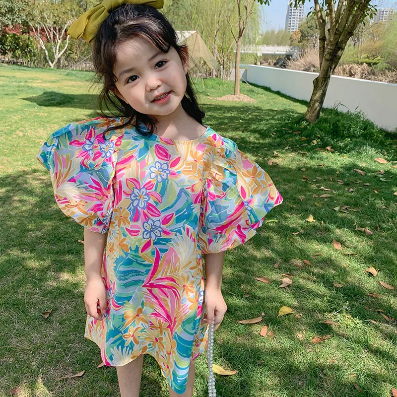 Summer Girls' Dress Flower Bud-Sleeved Loose Casual Dress Baby Kids Children'S Clothing For Girl