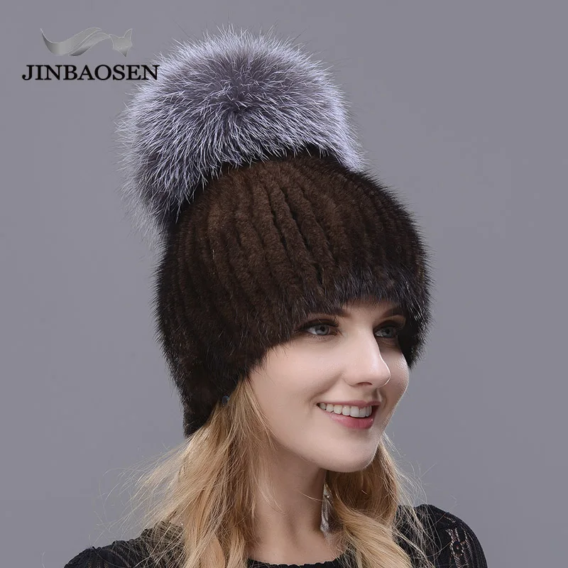 JINBAOSEN Real Mink Fur Hat for Winter Women Imported Knitted Mink Cap with Fox Fur New Hot Sale High Quality Women Beanies