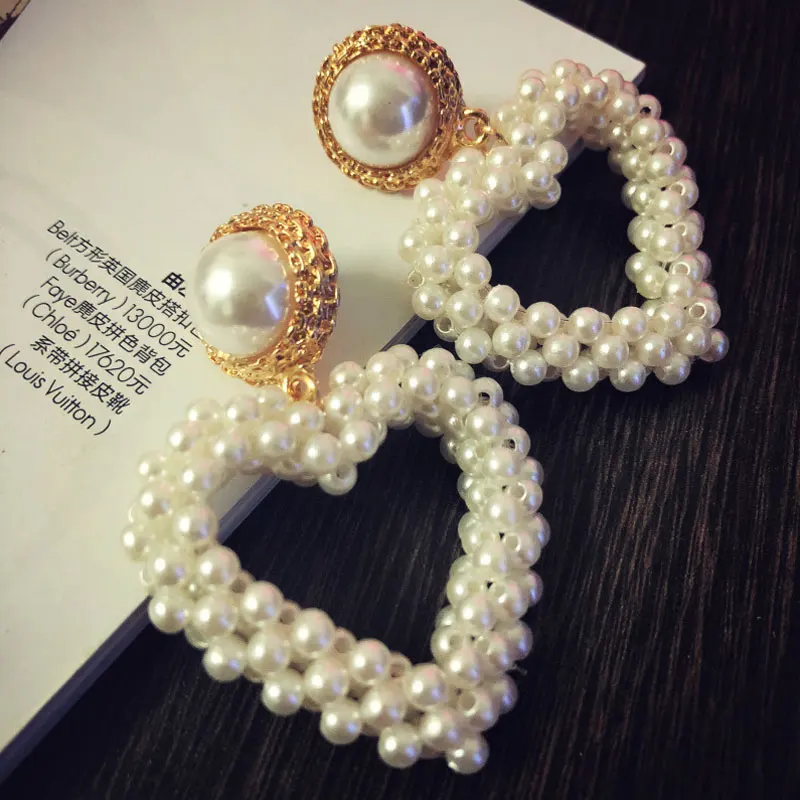 Fashion Luxury Brand Design Heart Earring Jewelry Handmade Pearls Heart-shaped Big Drop Earrings