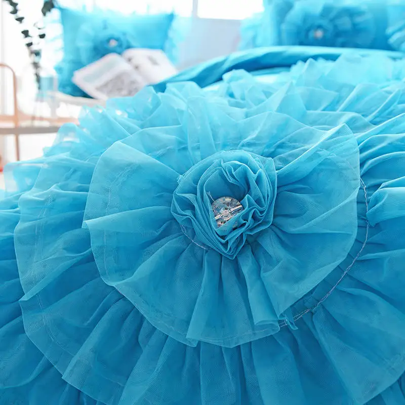 Luxury Princess Bedding Sets Korean Style Blue Lace Flowers Duvet Cover Bed Skirt Bedspreads Cotton Solid Color Home Textile