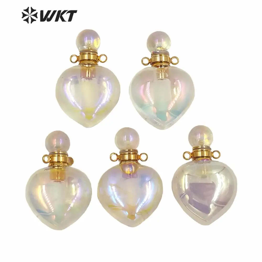 WT-P1595 Shinny Heart Shape Stone Necklace Pendant With Double Loops Aura Spirit Crystal Quartz Perfume Bottle Jewelry