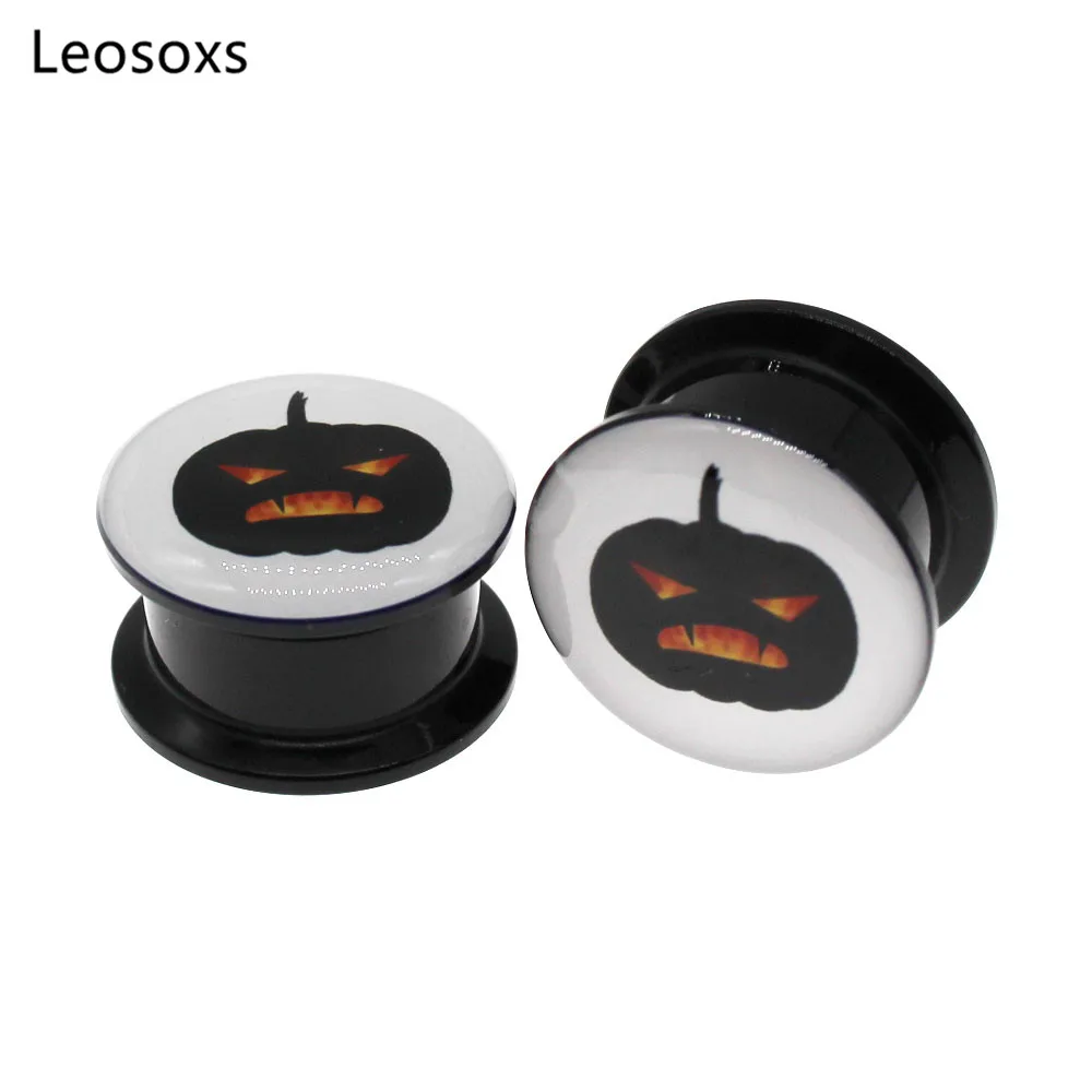 Leosoxs 2pcs Hot Selling Halloween Jewelry Acrylic Black Pumpkin Ears Thread Tunnel Earplugs Human Body Piercing Jewelry