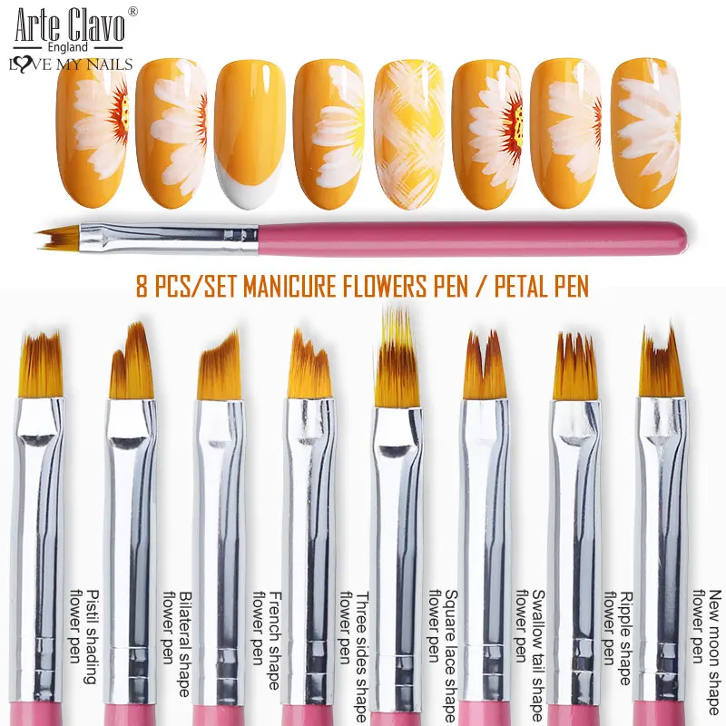 Arte Clavo 8PCS ดอกไม้ปากกา Gradient ภาษาฝรั่งเศสคำชุดแปรงเล็บ DIY เล็บจิตรกรรมแปรงออกแบบเล็บเครื่องมือ