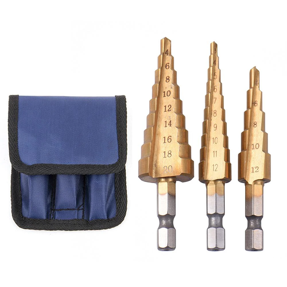 

3 pcs Set Drill Bit HSS Step Cone Taper Hole Cutter Metric 4-32mm Titanium Coated Metal Hex drill