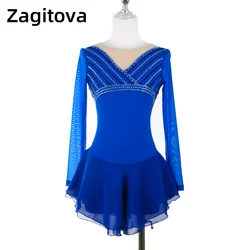 ZAGITOVA Royal Blue Figure Skating Dress Women Girls Ice Skating Skirt V-neck Stripe Rhinestones Mesh Skirt