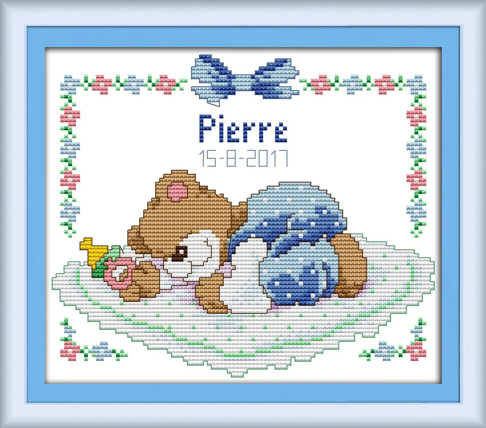 Sleeping baby bear cross stitch kit cartoon animal birth record boy girl aida 14st stitches embroidery DIY handmade needlework