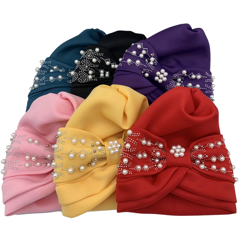 Latest Design African Auto Gele Headtie Muslim Turban Caps with Pearls Headwrap for Women Wedding Party Cap Headwear