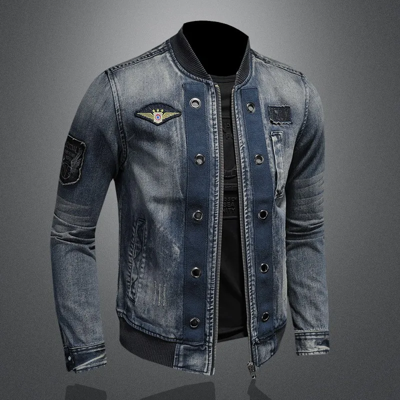 Men Vintage Stand Collar Pilot Coat Denim Bomber Jacket Plus Size 5XL Slim Fit Zipper Jean Outerwear Fashion Mens Biker Jackets