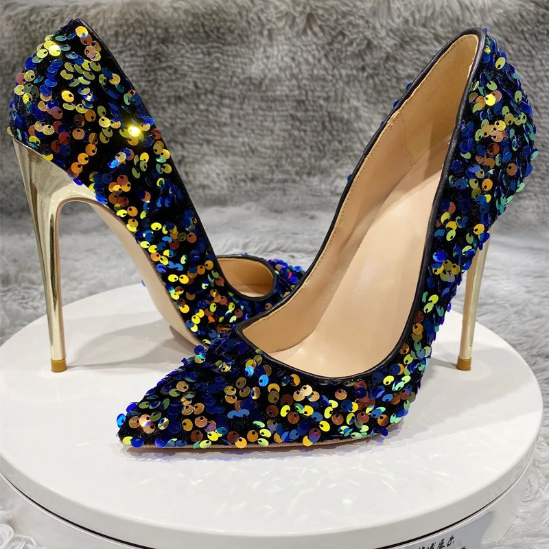 Heelgoo Glitter Sequins Women Sexy Pointy Toe High Heel Wedding Party Shoes Designer Gorgeous Stiletto Pumps Plus Size 43 44 45