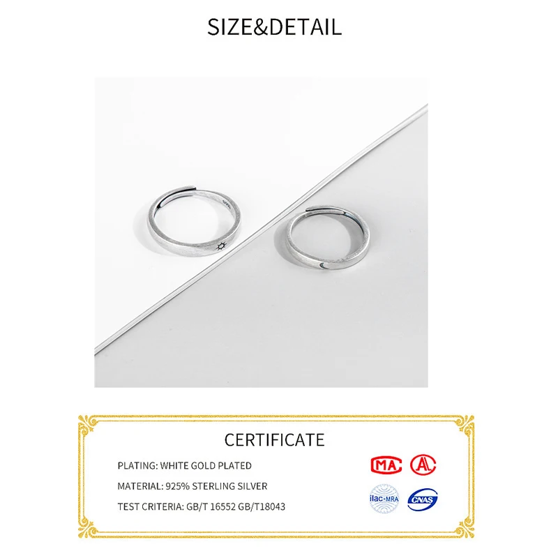 Gratis verzending 925 sterling zilver gladde ringen voor vrouwen sieraden liefhebbers ring set maan en zon open ringen voor feest verjaardagscadeau