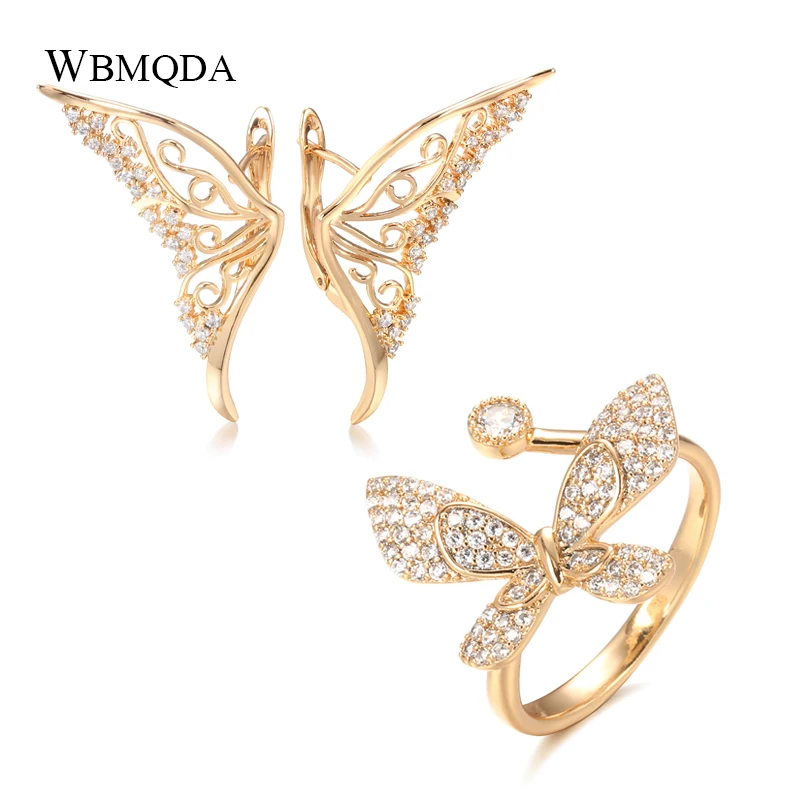 Wbmqda New Fashion 585 Rose Gold Butterfly Earring Ring for Women Mosaic Natural Zircon Shiny Cocktail Ring Luxury Jewelry Set