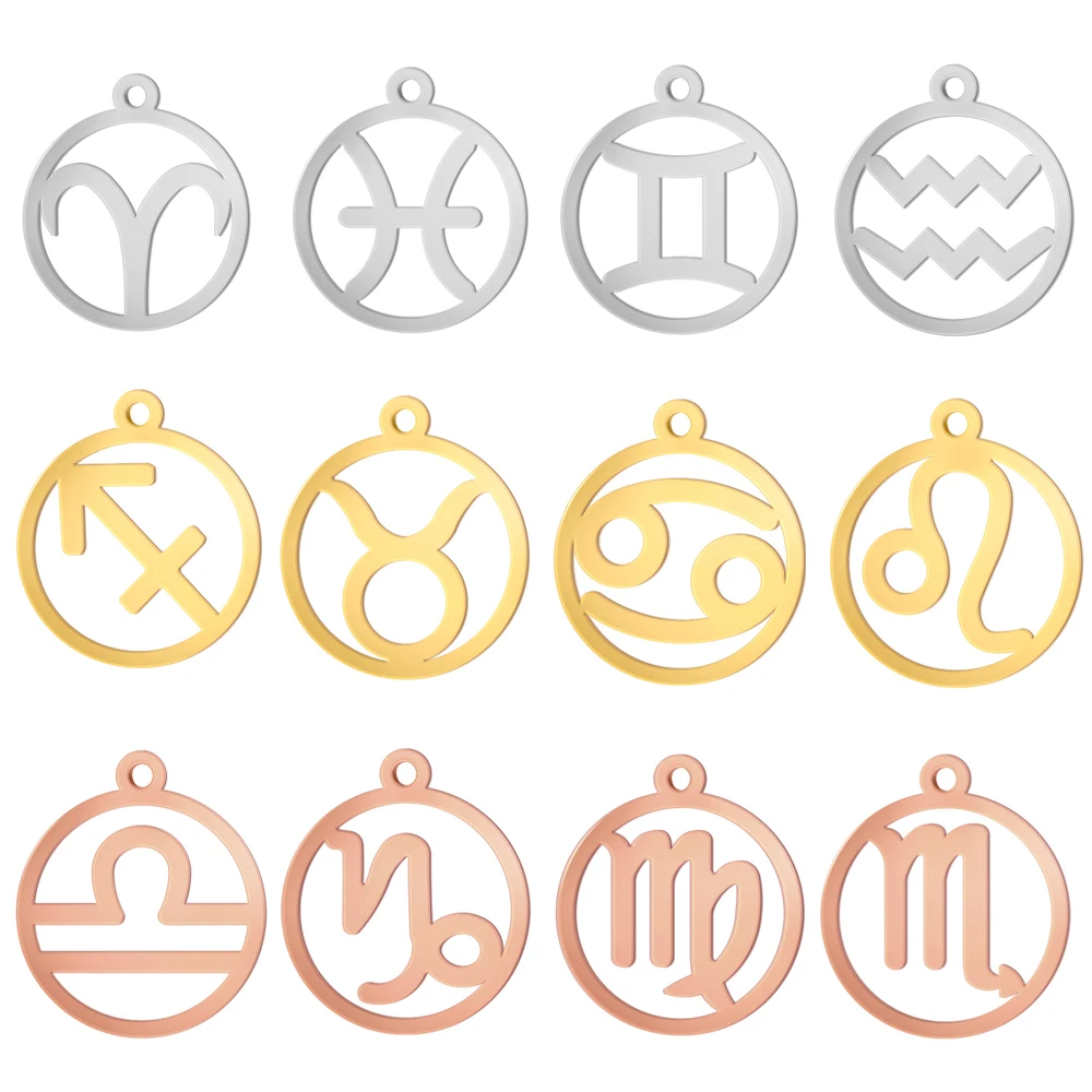 Teamer 12pcs/lot Zodiac Signs Charms Jewelry Making Stainless Steel Gold Color 12 Constellation Taurus Pendants Birthday Gifts