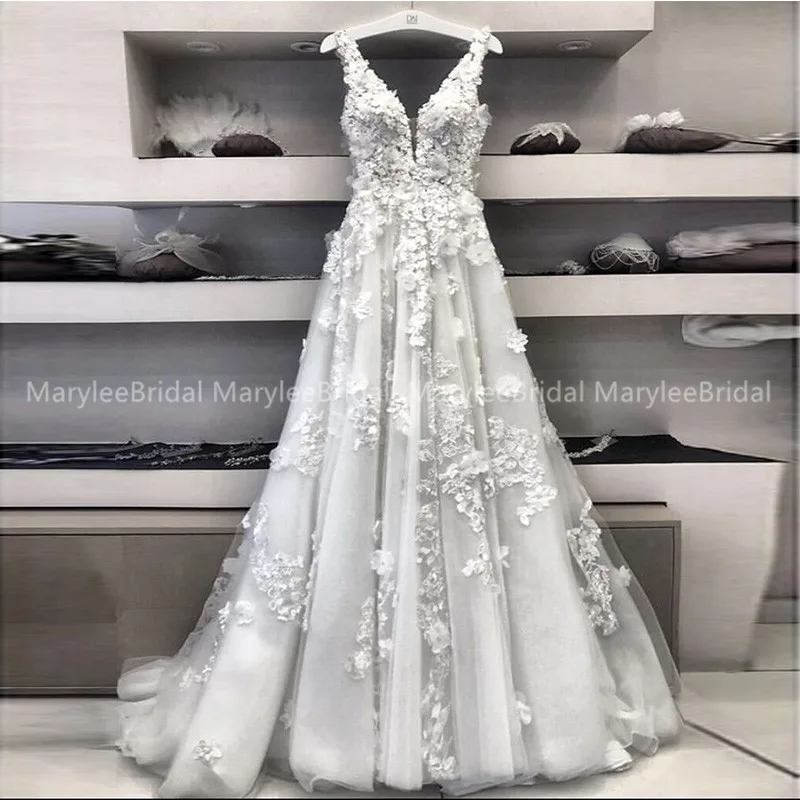 Fada a linha vestidos de casamento com apliques 3d ilusão tule vestidos de novia romântico profundo v-neck vestidos de noiva trem varredura