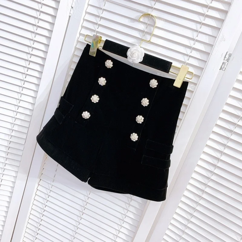 High Fashion Waist Velvet Shorts Women Zipper Diamond Double Breasted Office Lady Wide Leg Shorts Elegant Casual Mini Trousers