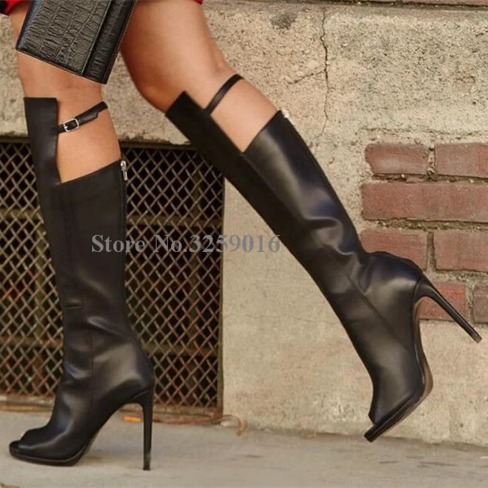 

Высококачественные женские модные черные кожаные сапоги-гладиаторы до колена с открытым носком, сапоги-гладиаторы на высоком каблуке с вырезами, модельные туфли, реальные фотографии
