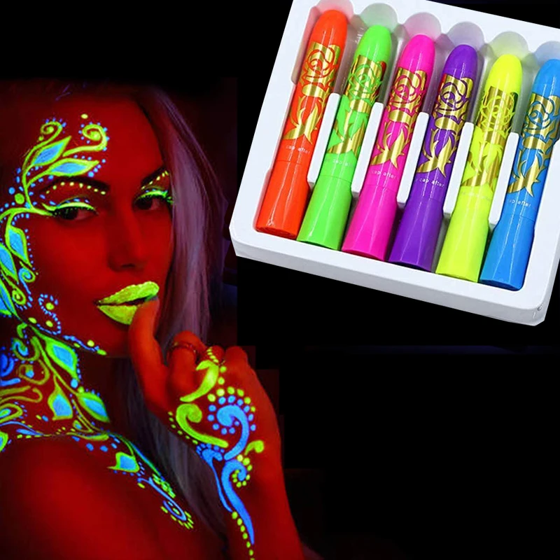 6Pcs Glow In The Dark Face Black Light Paint UV Neon Face Body Paint Crayon Kits Fluorescent Makeup Marker Washable