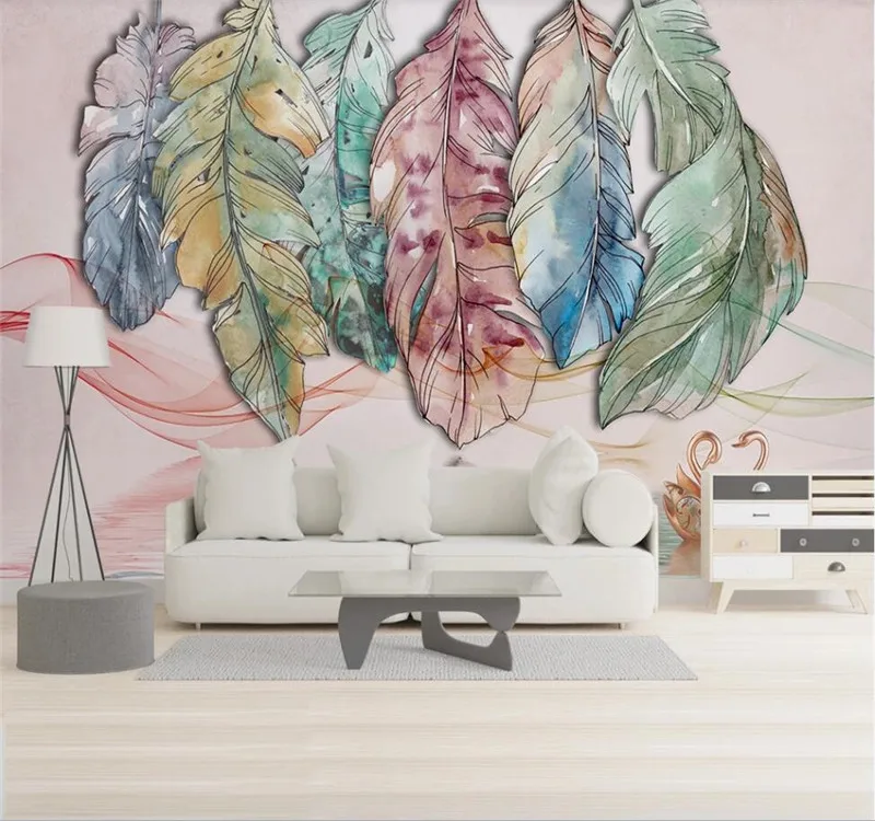 

Custom wallpaper Nordic minimalist abstract watercolor feather line swan art background wall high-grade waterproof material