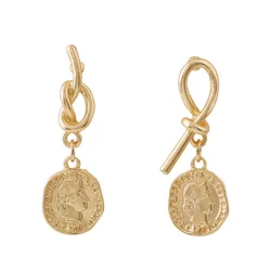 Vintage Gold Color Enamel Portrait Coin Pendant Drop Earrings for Women Girls Geometric Twisted Female Jewelry Accessories Gift