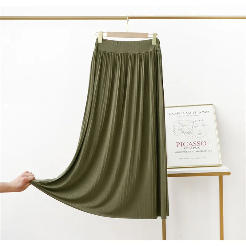 Summer Autumn Women Long Pleated Skirts Elastic High Waist All Match A Line Modal Skirt Female Big Swing Bodycon Maxi Skirt Saia