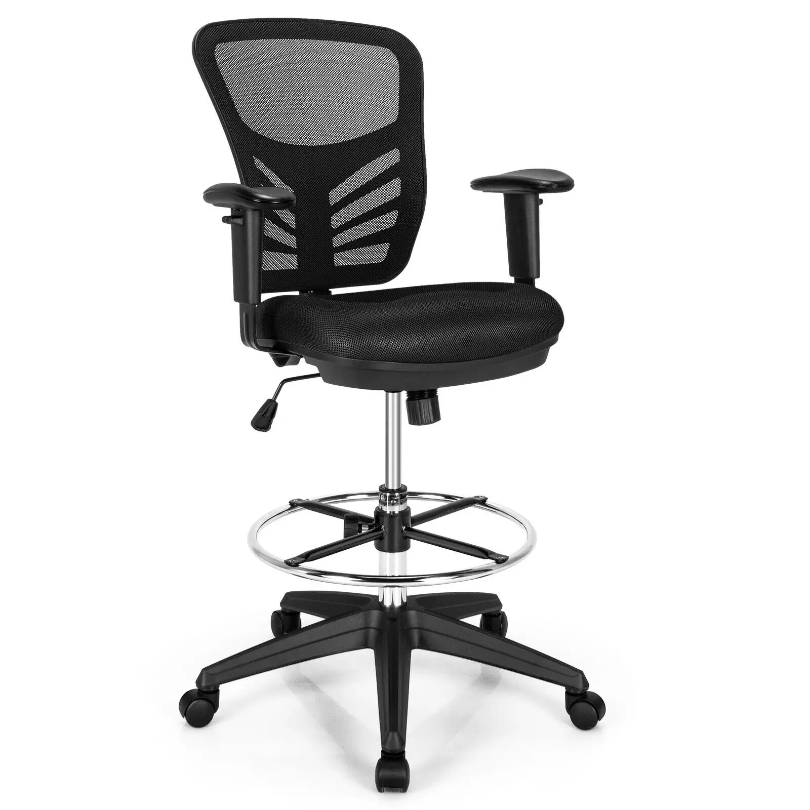 Costway Mesh Drafting Chair Office Chair w/Adjustable Armrests & Foot-Ring Black