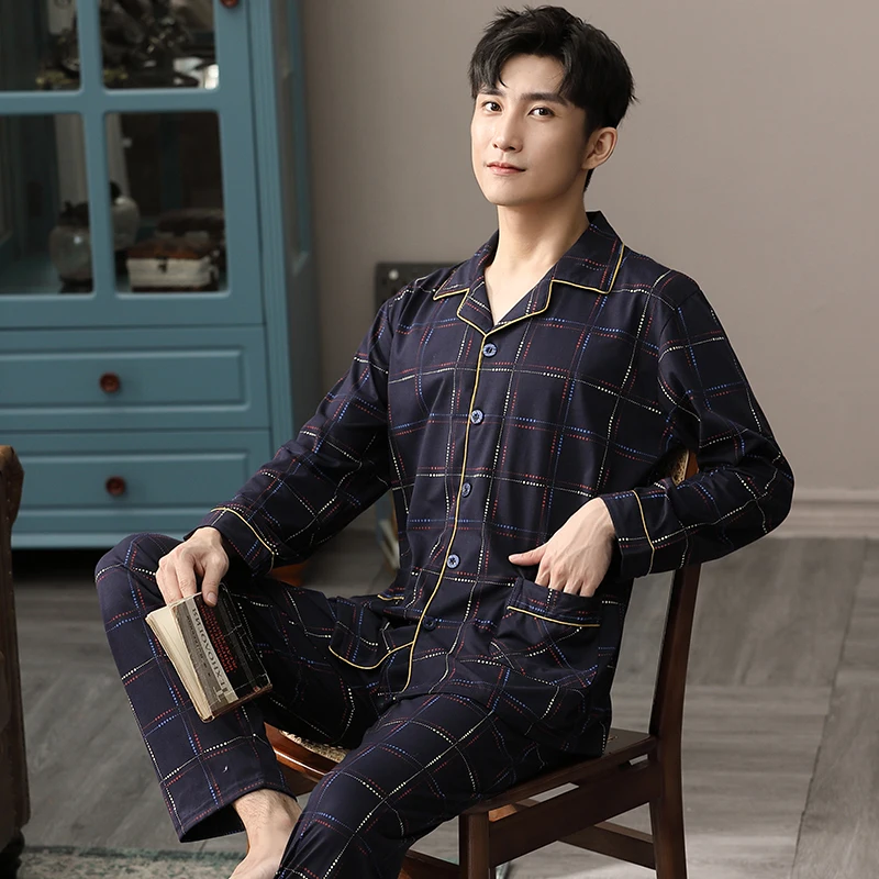 Inverno pijamas de algodão homem pijamas azul escuro xadrez pijama homme coreano quente pijamas hombre invierno algodão homewear plus tamanho
