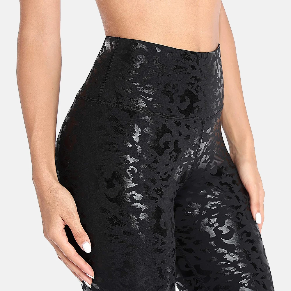 Leggings sportivi da donna charmperdite in ecopelle stampa leopardata Tummy Control allenamento pantaloni da Yoga tasca nascosta in vita