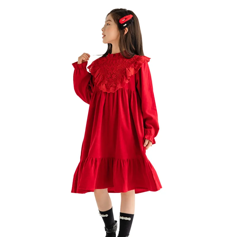 Spring Autumn Teenager Kids Dress Solid Knee Length Lace Patchwork Princess Dress for Girls Long Sleeve Robe Enfant Fille 6-16T