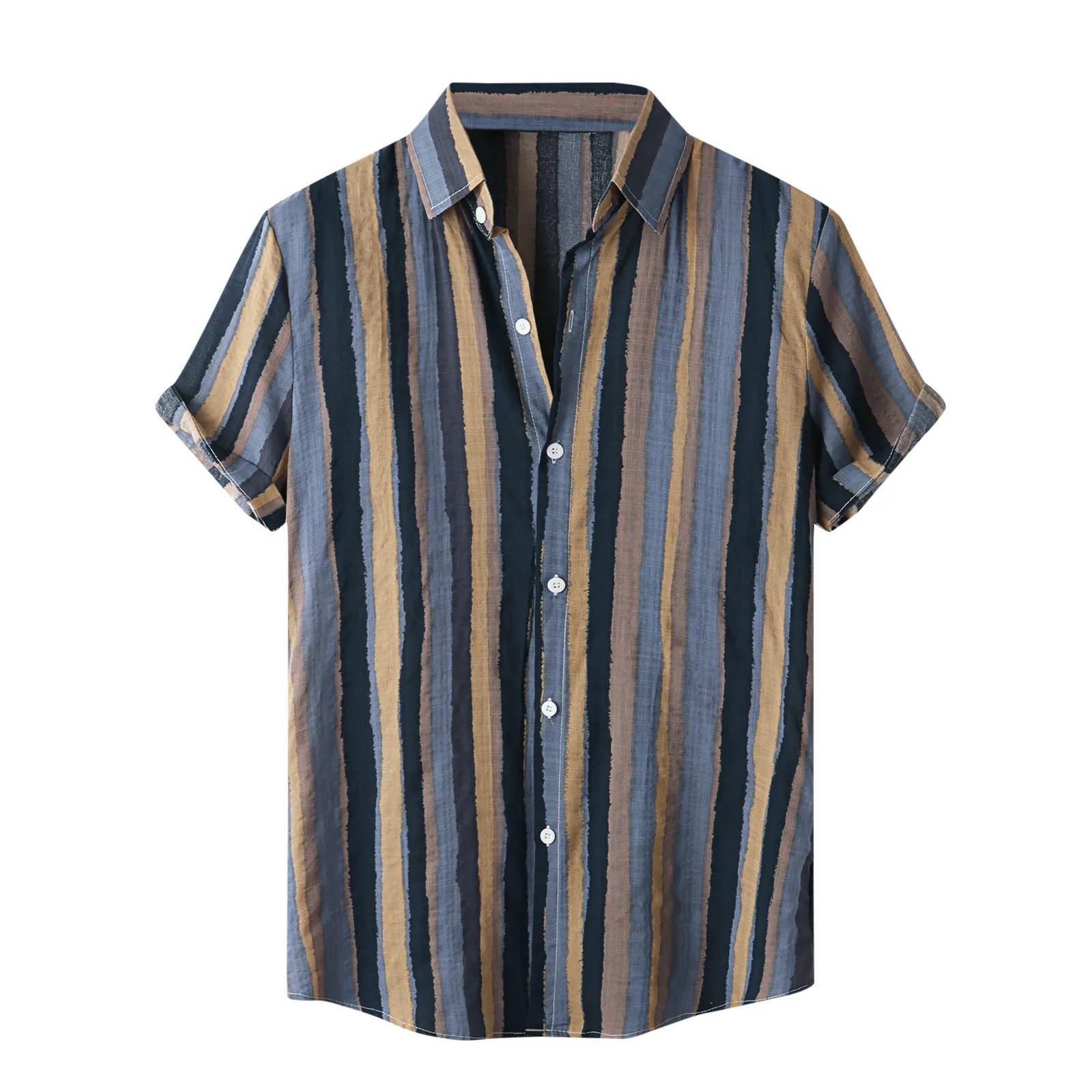 Men's Casual Shirts Stripe Print Cotton Linen Short Sleeve Button Turn-Down Collar Tops Summer Hawaiian Shirt мужская одежда