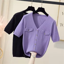 Sweater Elegant Blouses Women Korean Knitted cardigan Top Cropped Female Short Sleeve Button Up Shirt Slimming Jacket Femininas