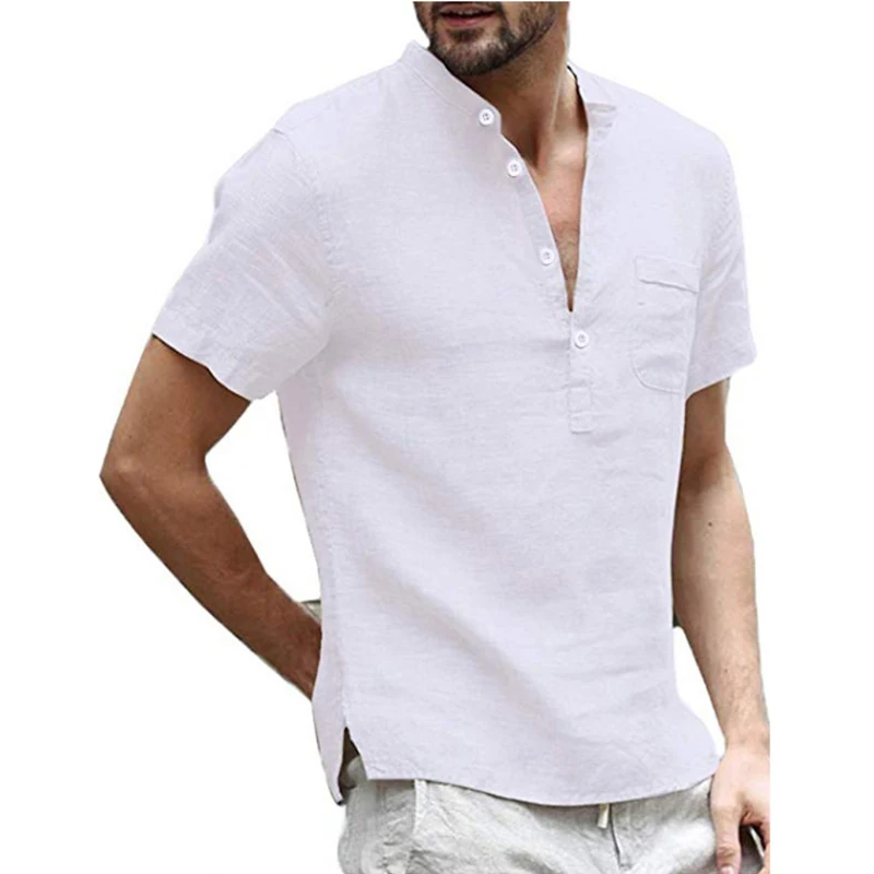 Men\'s Casual Hip Pop t-Shirt Summer Short-Sleeved Linen Shirts With Stand-Up Collar Soild Short-Sleeved Shirt Buiness Shirts To